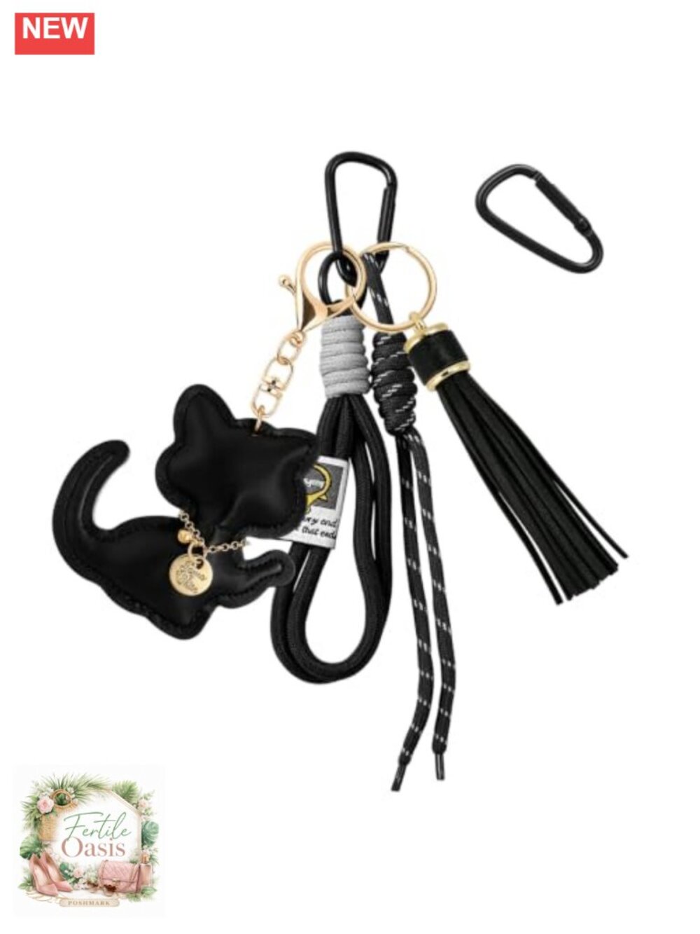 PU Leather Cat Keychain Bag Charm with Woven Rope and Metal Ring